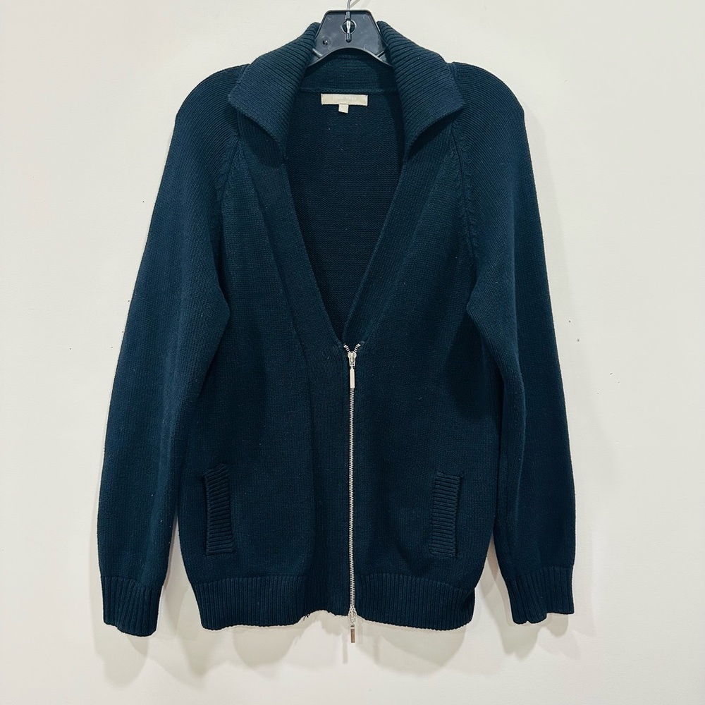 Joan Vass Women’s Cotton Zip-Up Sweater With A Deep Neckline Size L